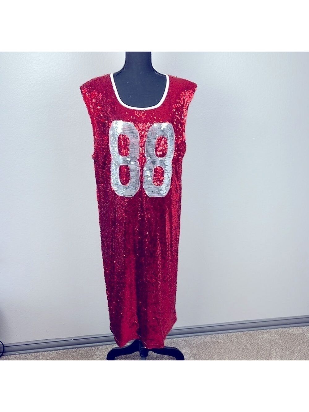 Liquor N Poker Sequin Dress 12 Red/Silver Sleeveless Football Jersey Midi 88 - Picture 4 of 12